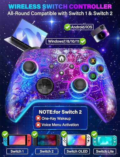 Image of Wireless Switch Pro Controller - Compatible with Nitendo Switch /OLED /Lite, 1200mAh Rechargeable Switch Controllers with 8 Colors LED & Cool Nebula Design, Wake Up, Turbo, Vibration, Motion Control