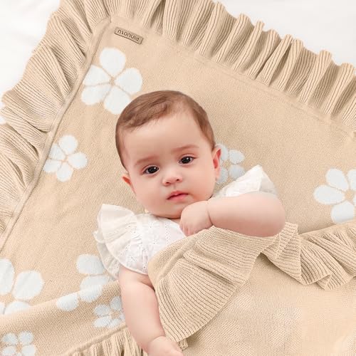 Image of Cotton Baby Blanket | 30x40 Inches Knitted Receiving Blanket with Ruffled Edges & Floral Design for Newborns, Crib & Stroller Use, Premium Gift Choice (Beige)