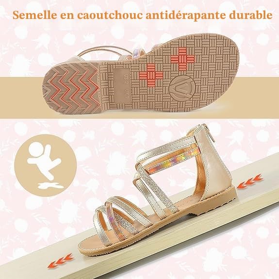 Sandales de princesse à bout ouvert et à lanières pour fille - Sandales plates d'été - Pointure 37