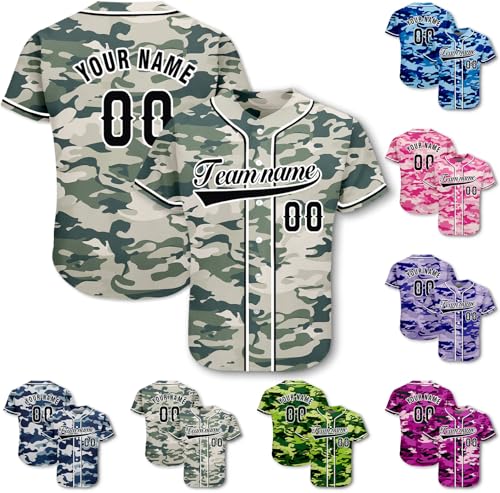 Custom Camo Baseball Jersey - Personalized Team Name Softball Shirts - Customized Sport Uniform for Men Women (US, Alpha, One Size, Regular, Regular, Camo-09)