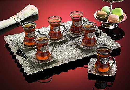 LaModaHome Turkish Arabic Tea Glasses Set, Fancy Vintage Handmade Set for Serving, Teatime, New Home Wedding Gift Silver Plated Turkish Tea Set for Six with Tray Plain Model