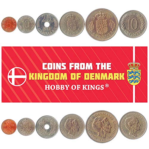 Set of 6 Coins from Denmark: 5, 10, 25, ORE, 1, 5, 10 KRONER. 1973-1988
