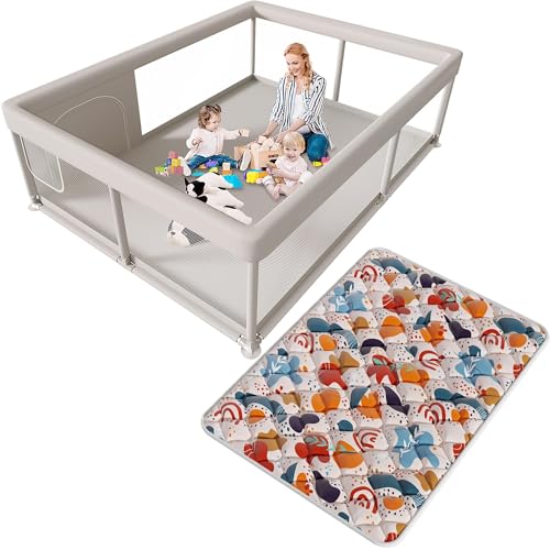 Image of Hiaksedt 65 x 50 Inch Baby Playpen with Mat, PlayPen for Babies and Toddlers, Sturdy Safety Play Yard for Indoor & Outdoor with Zipper Gates