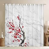 Cherry Blossom Window Curtains Bedroom,White Grey Marble Curtains Living Room Girls Women Red Flower Floral Blackout Curtains 76Wx54L,Japanese Style Window Drapes Botanical Theme Window Treatments