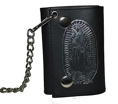 Leatherboss Genuine Leather Trifold Designer Virgin Mary Biker Chain Wallet Credit Card Cash Holder, Black - Main Image