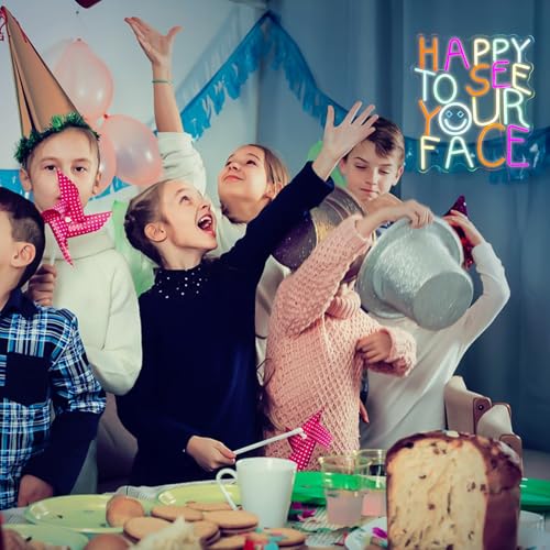 Image of Happy to See Your Face Neon Sign for Kindergarten - Dimmable Multicolor Welcome Light with Wired Controller, 14.2x12.6 in, Includes 4 Wall Anchors - Teacher Appreciation Gift