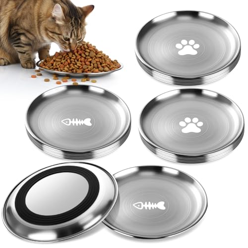Ferrochef 12 Pcs Stainless Steel Cat Food Bowls 6.7'' Wide Shallow Cat Plates Flat Metal Kitten Feeding Dish for Fatigue Friendly Relief and Dishwasher Safe, 2 Styles
