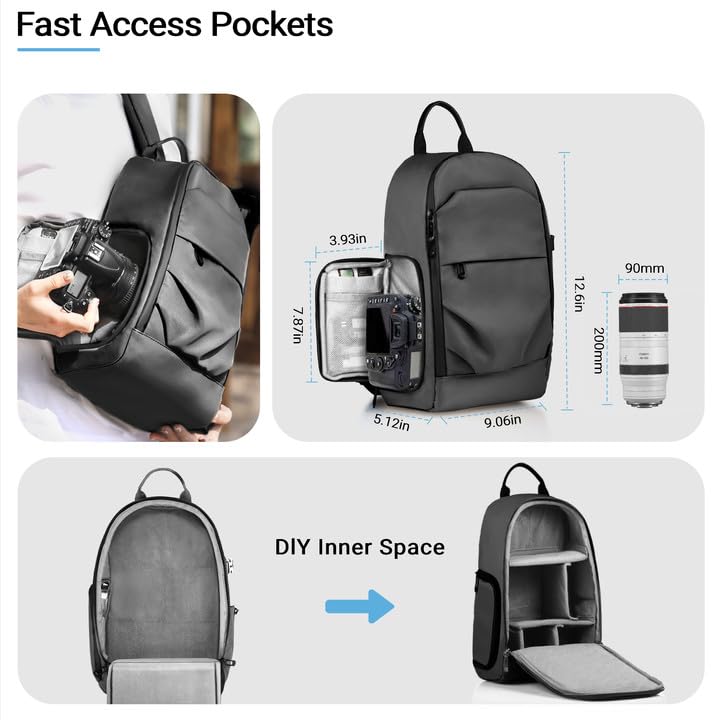 Camera Sling Bag for Photographer– Waterproof Crossbody Camera Bag with Fast Access Pockets, Thick Shockproof Photography Backpack with Tripod Holder, DSLR camera bag for Nikon/Sony/Canon