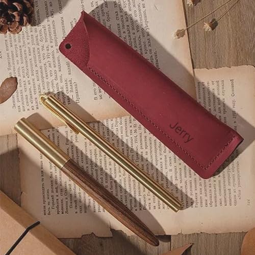 Image of Personalized Genuine Leather Pen Case Holder, Customziable Name or phrase Pens Fountain Pouch Cover, Large Double Pencils Protective Sleeve