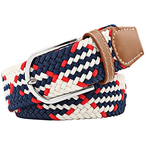 JK Home 115cm Ceinture Elastique Tressée pour Femme Boucle Ceintures Homme Extensible 3.3cm de Large Bleu Blanc Rouge
