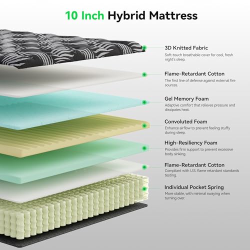 Image of 10 Inch Twin Mattress, Hybrid Mattresses in a Box with Pocket Springs & Gel Memory Foam, Medium Firm Breathable Bed Mattress with Edge Support & Motion Isolation, CertiPUR-US Certified