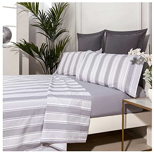 COTTON ARTean Juego de sabanas ARATZ PERCAL ALGODÓN 100% 200 Hilos Color Blanco Y Gris Cama de 150 x 190/200 100% PERCAL ALGODÓN