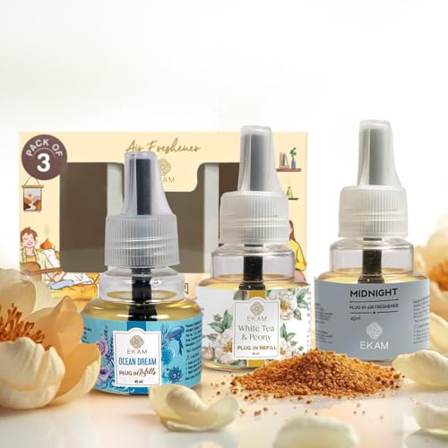 Image of EKAM | Combo Pack Of 3 | Floral & Fresh Fragrance Scented Plug-In Air Freshener Refill liquid| 45ml Each | Lasts up to 125 Days Each / 500 Hours Each | Perfect for Living Rooms, Bedrooms & More