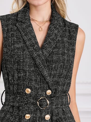 Women's Sleeveless Tweed Dress Collared Belted Button Down Work Blazer Dresses4