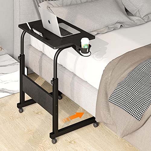 Klvied Standing Desk Adjustable Height, Stand Up Desk with Cup Holder, Portable Laptop Desk, Mobile, Small Computer Desk, Bedside Table, Black Rolling Desk, Work Desk for Home Office - Image 3