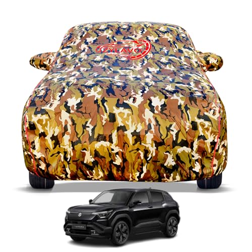 Image of Premium Car Cover for Maruti Suzuki e-Vitara Model | 100% Waterproof, UV & Dust Protection | Mirror & Antenna Pocket | Triple Stitched, Soft Inner Lining, Belt & Buckle (Jungle Print)
