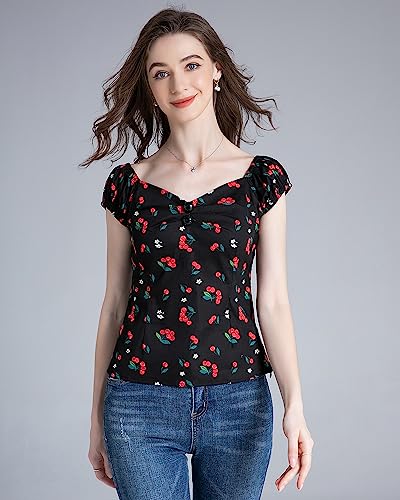 Yarn & Ink Women's Rockabilly Tops 1950S Floral Pinup Vintage Blouse Off Shoulder Shirt (Little Cherry Black Large) #TOP4