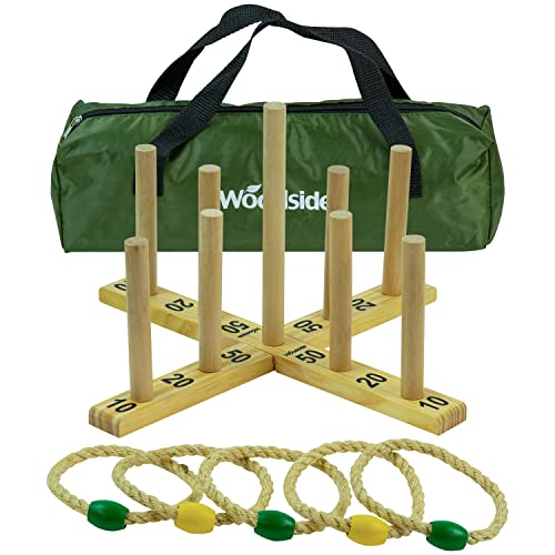 Woodside Garden Quoits - Juego de lanzamiento de anillos, diversión familiar al aire libre, 5 cuerdas y 9 pines