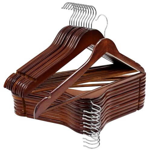 Angelmee ハンガー 木製 パンツバー付き 360度回転フック スーツハンガー ジャケット収納 天然木 すっきり おしゃれ アパレール店採用 省スペース メンズ用 レディース用 クローゼット整理 はんがー (10, ブラウン)