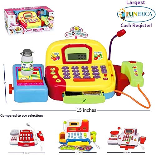 FUNERICA Play Cash Register Toy for Kids - with Working Microphone, Scanner, Calculator, Pretend Play Food Toys, Cuttable Fruits, Cashier Toy, Play Money, & Grocery Toys