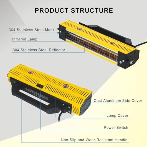 Infrared Paint Curing Lamp 1000W 2000W - Handheld Portable Short Wave Dryer for Car Bodywork Repair, 110V, 0.6x0.38m
