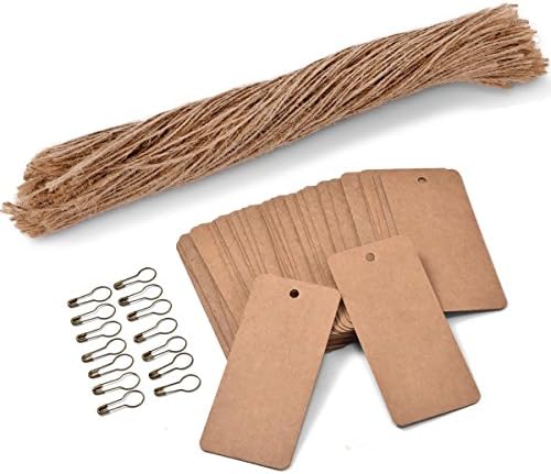 200PCS Price Tags with Pre Cut Jute String and Safety Pins,LOOMY Blank Brown Paper Tags for Retail and Display