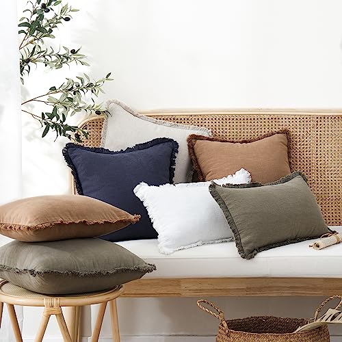 Image of Foindtower Set of 2 Decorative Linen Fringe Lumbar Throw Pillow Covers Boho Farmhouse Cushion Cover with Tassels Soft Accent Pillowcase for Couch Sofa Bed Living Room Home Decor,12x20Inch,Khaki Brown