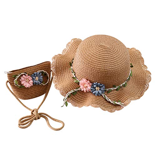 Girls Straw Hat 2-8 Age Tourism Sun Hat Flower Children Sun Hat and Bag Set Baby Outdoor Wide Brim Bucket Hats for One Size