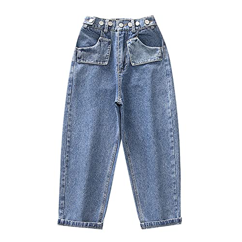 Kids Girls Casual Denim Pants High Waist Button Jeans Fashion Wide Leg Baggy Jeans Trousers Casual Daily Active Wear