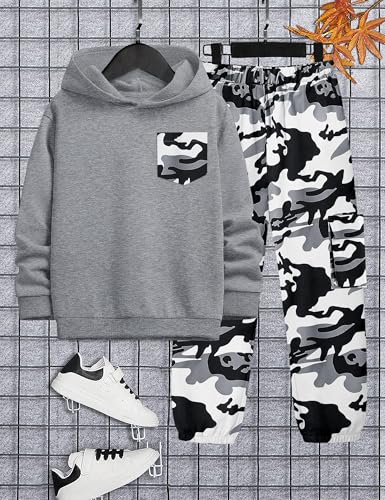 Image of KANGKANG Boys Clothes Two Piece Long Sleeve Hooded Sweatshirt Top Camouflage Sweatpants Fall Outfits Winter Clothes Set 6-16Y