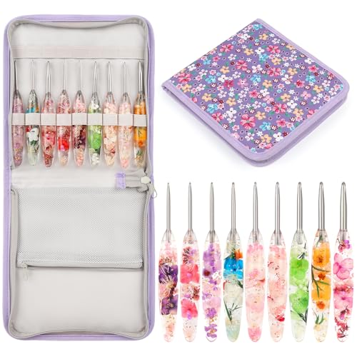 Image of Coopay Crochet Hook Set, 9 PCS Crochet Hooks with Case (2.5mm-6.5mm), Floral Resin Grips - Beautiful & Ergonomic, Great for Crocheting Blankets, Dolls, Shawls, Hats, Scarves (C-K)