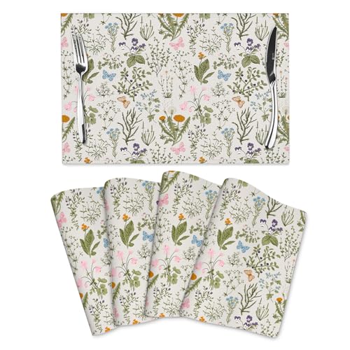 Vintage Wildflowers Placemats Set of 4, Herbs Plants Dining Table Mats, Washable Cute Botanic Spring Summer Sage Green Place Mats for Kitchen Dinner Parties Decor12 x18