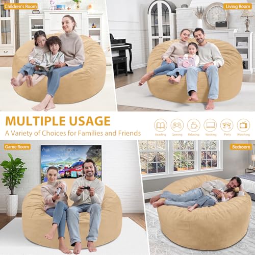 5FT Bean Bag Chair, Large Bean Bag Chairs with Memory Foam Filled, Fluffy Beanbag Sofa with Dutch Velvet Cover, Round BeanBag Chairs for Living Room, Playroom - Khaki