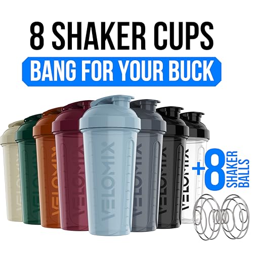 Image of VELOMIX -8 PACK- 28 oz Protein Shaker Bottle for Protein Mixes - 8x Wire Whisk | Leak Proof Shaker Cups for Protein Shakes | Stackable Protein Shaker Bottle Pack | Dishwasher Safe