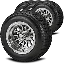 RM Cart 10" 14-Spoke Black/Machined on 205/50-10 Deli Low Profile Tires Set of 4 | Golf Cart Tires and Wheels Combo with Metric Lug Nuts