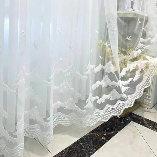 Mesnt Rideau Voilage Blanc, Rideaux en Voile à Motif de Montagnes et d'oiseaux pour Chambre à Coucher, Blanc, 96 x 138 cm