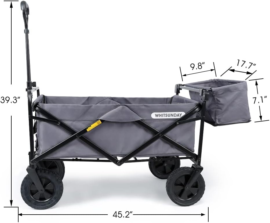 WHITSUNDAY Collapsible Folding Garden Outdoor Park Utility Wagon Picnic Camping Cart 8" Wheels with Rear Storage (Standard Size with Rear Storage, Grey)