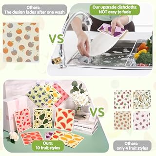 10 Pack Swedish Dishcloths for Kitchen- Reusable Paper Towels Washable Swedish Cloths Fruit Prints Dish Wipes with Adhesive Clips- Super Absorbent Fast Drying Kitchen Sponge for Cleaning Dishes Pots