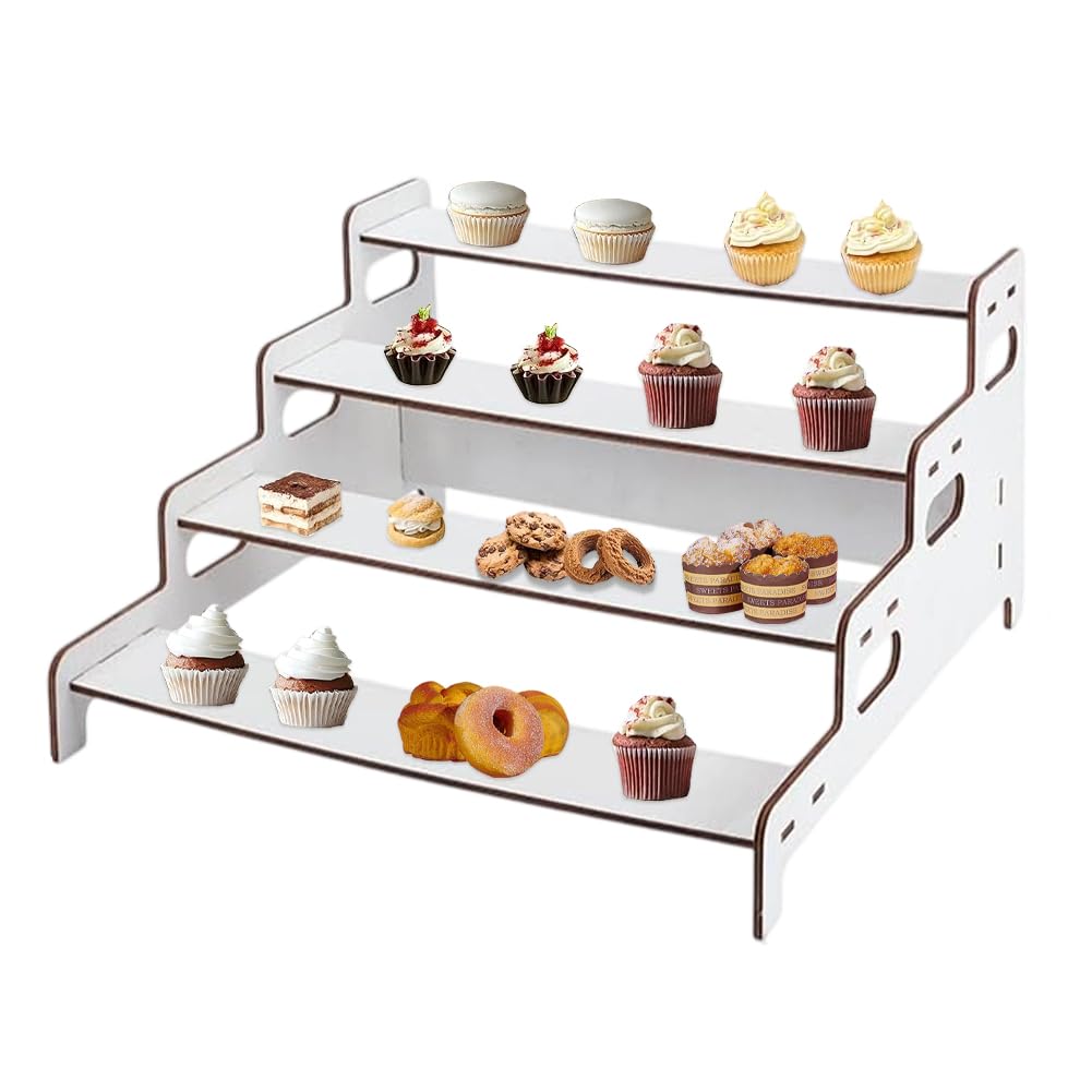 UNICRAFTALE Présentoir à cupcakes à 4 étages en bois blanc rustique pour nourriture, dessert, vente au détail 39,5 x 39,5 x 23 cm