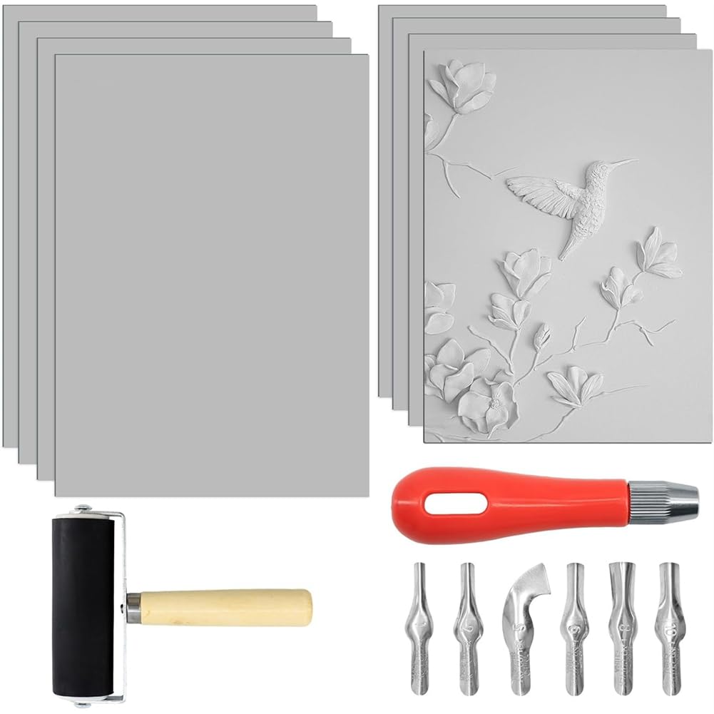 Jnchdghwa As Shown For Printmaking Linoleum Blocks 8Pcs- Includes 8" X 10", 9 X 12 Inch Soft Rubber Carving Blocks And Cutting Tools
