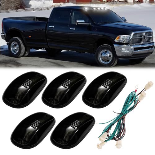 R&F Auto LED Cab Lights with Wire 5Pcs Compatible with Ram 1500 2500 3500 Roof Cab Lights Universal Fit Roof Running Lamps Smoked Lens White Light