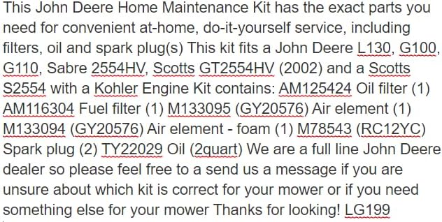 Original Equipment Tune-Up Kit #LG199，Replacement for John Deere OEM
