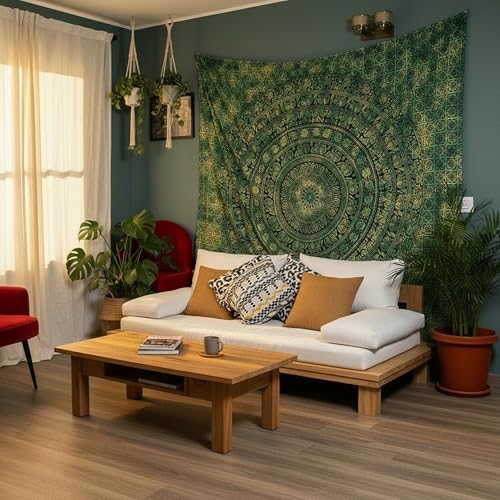 Image of Craft Trade 84x90 Inches Dark Green Cotton Mandala Ombre Wall Hanging Tapestry