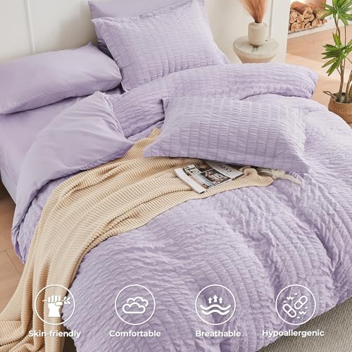 Image of HYMOKEGE Lavender Full Size Comforter Sets Seersucker 7 Pieces, All Season Luxury Bed in a Bag for Bedroom, Bedding Set with Comforters, Sheets, Pillowcases & Shams