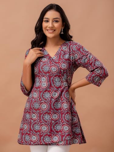 Image of feranoid Floral Print Angrakha 3 Sleeves Flared Kurti