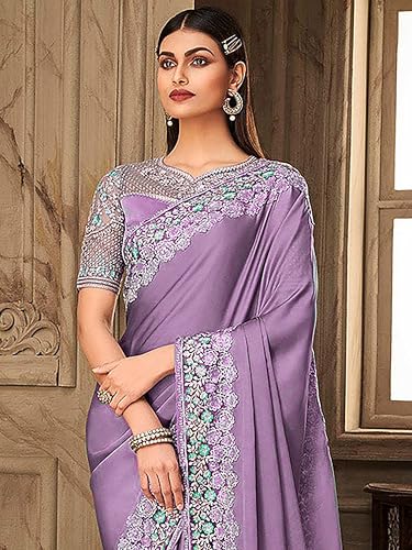 Image of TRENDMALLS Women's Designer Rangoli Silk Embroidered Saree with Floral Cutwork Border, Sequin Work and Unstitched Blouse Piece For Women