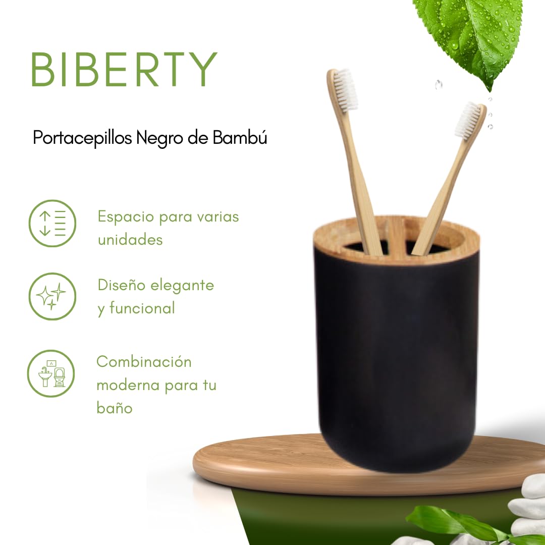 Juego Accesorios baño Negro y bambú, Incluye dispensador jabón, escobilla de baño y Porta Cepillo de Dientes - Kit Completo de 3 Piezas sin Taladro