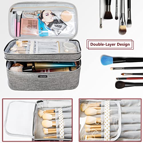 Amoigee Large Makeup Bag, Travel Makeup Bag Organizer, Double Layer Train Case Makeup Bag, Toiletry Bag For Makeup Brushes, Full Size Bottles, Palettes Sponge, Cosmetic Organizer, Grey #TOP3
