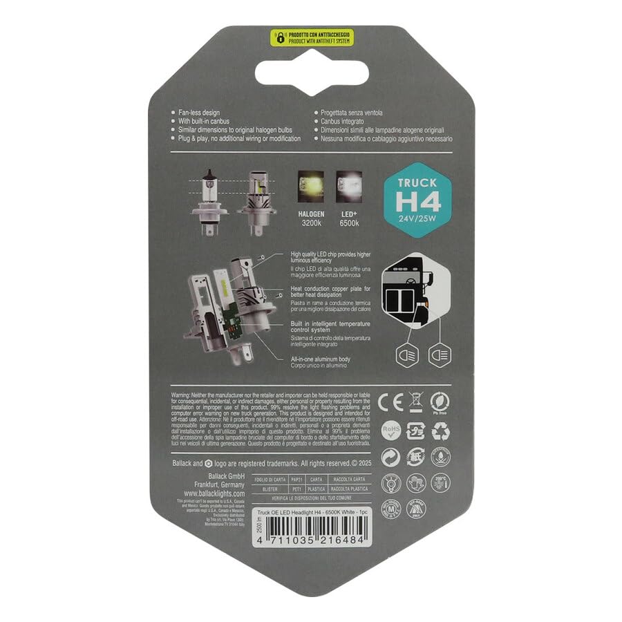 BALLACK Lampadina LED H4 24V per Camion e Bus, Luce Bianca 6500K, Canbus Integrato Anti-Errore, Design Senza Ventola (Fanless), Installazione Plug & Play