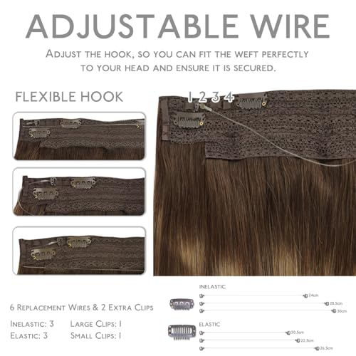 Image of WENNALIFE Wire Hair Extensions Real Human Hair 20 inch 140g Balayage Chocolate Brown to Caramel Blonde Remy Real Hair Extensions Invisible Wire Human Fish Line